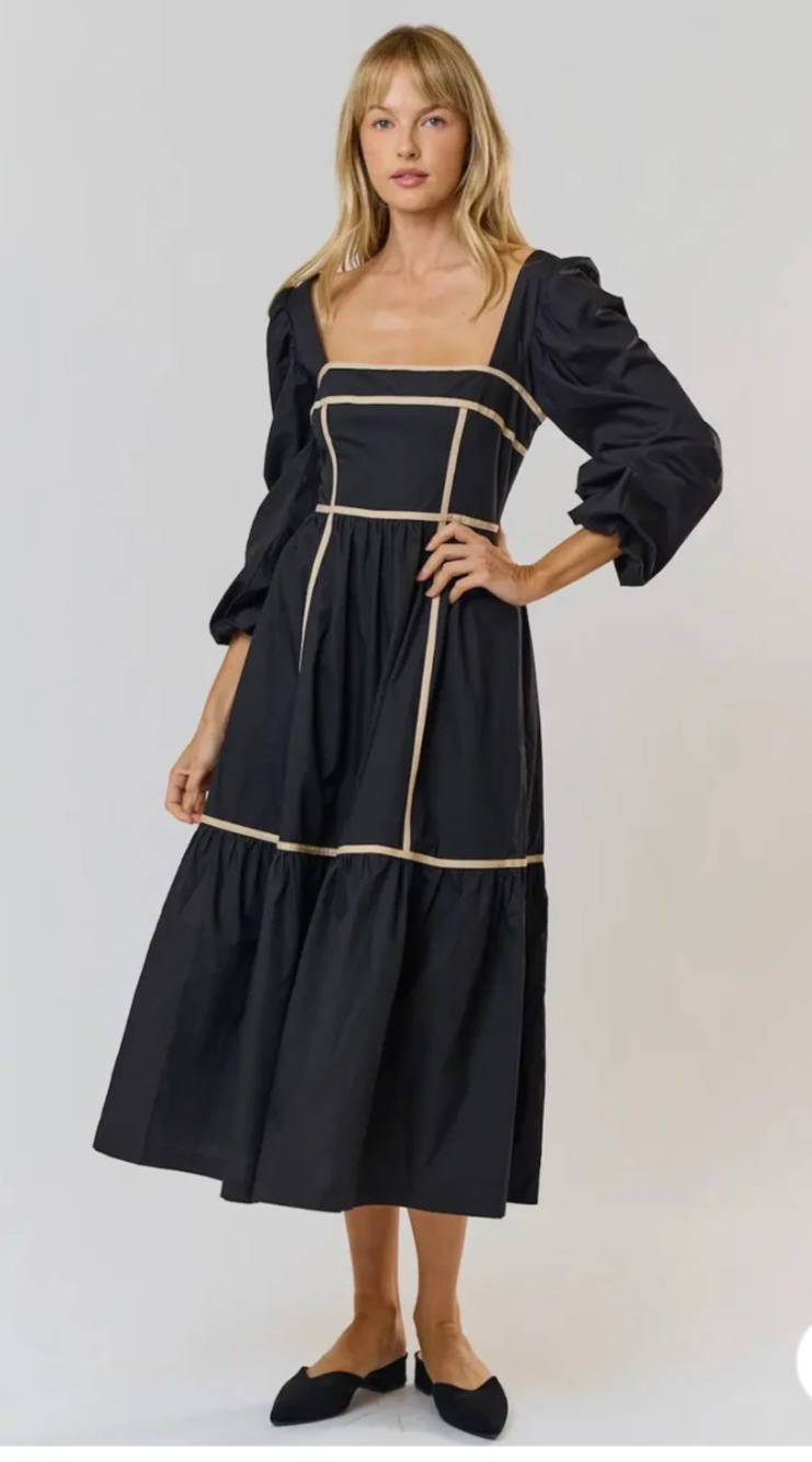 Lalavon Black Tan Blouson Sleeve Maxi Dress